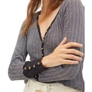 anthropologie x pilcro //  black white striped henley long sleeve top M